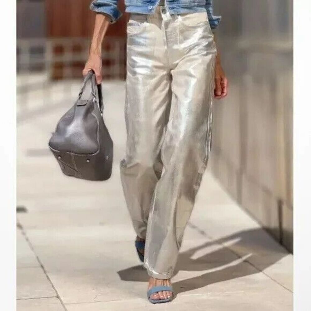 ZARA The Boy Boy Fit Silver Relaxed Fit Wide Leg Mid Waist Jeans Size 0